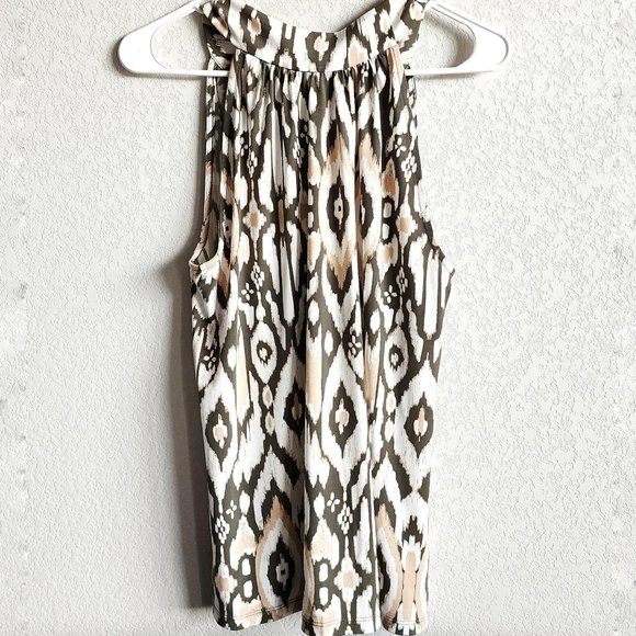 CALVIN KLEIN Patterned Cream, Orange, Brown Top | Sleeveless Button Blouse Shirt - Picture 2 of 7